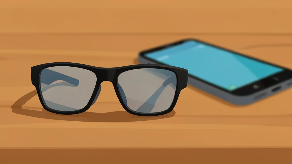 A pair of modern smart glasses resting on a wooden table next to a blurred smartphone screen