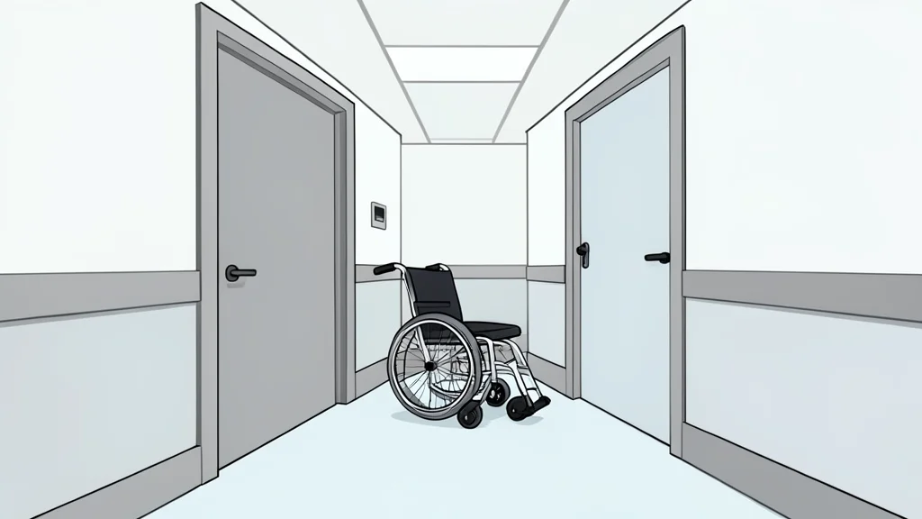 A sterile hospital corridor with a wheelchair parked near a closed door