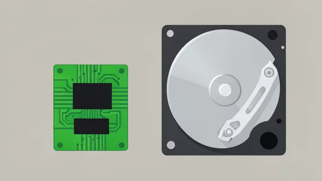 A flat vector illustration showing a small green circuit board module and a larger silver circular disk drive side by side.