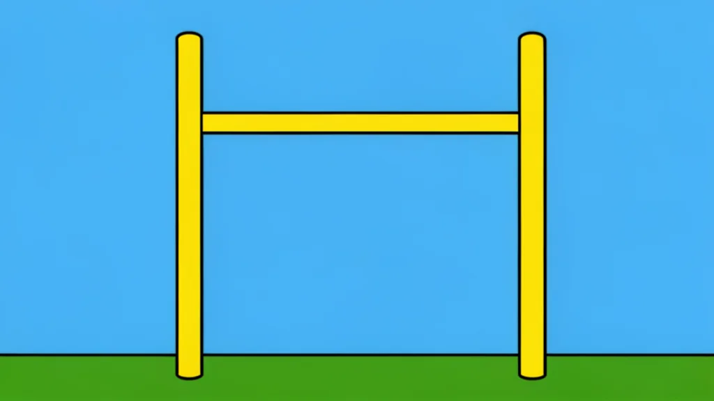 A grassy football field with white yard lines and goalposts under a clear sky