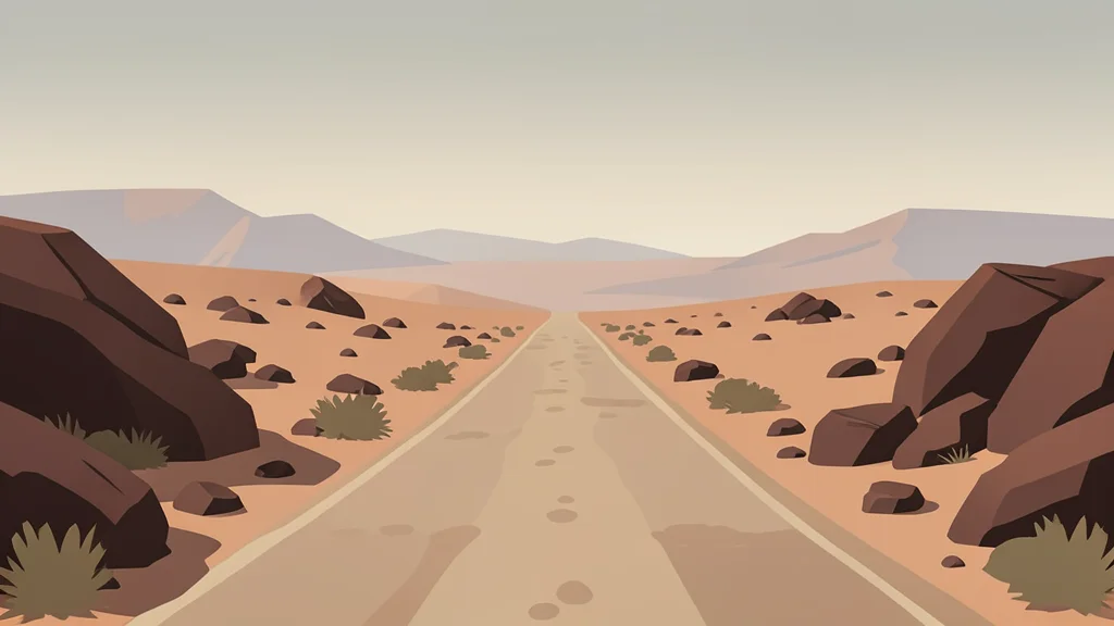 A dusty, unpaved road stretching through a dry, rocky landscape under a hazy sky