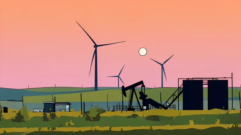 A large industrial power plant with tall smokestacks standing next to a row of white wind turbines