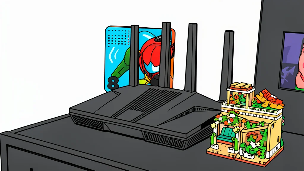 A white wireless router with multiple antennas sitting on a wooden shelf