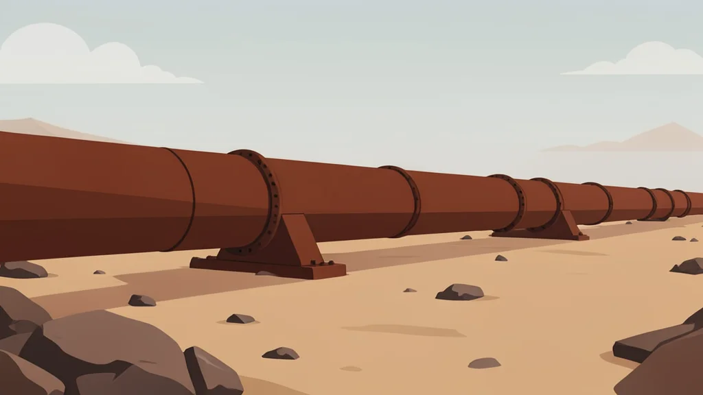 A long, rusted steel pipeline stretching across a dry, rocky desert landscape under a hazy sky.
