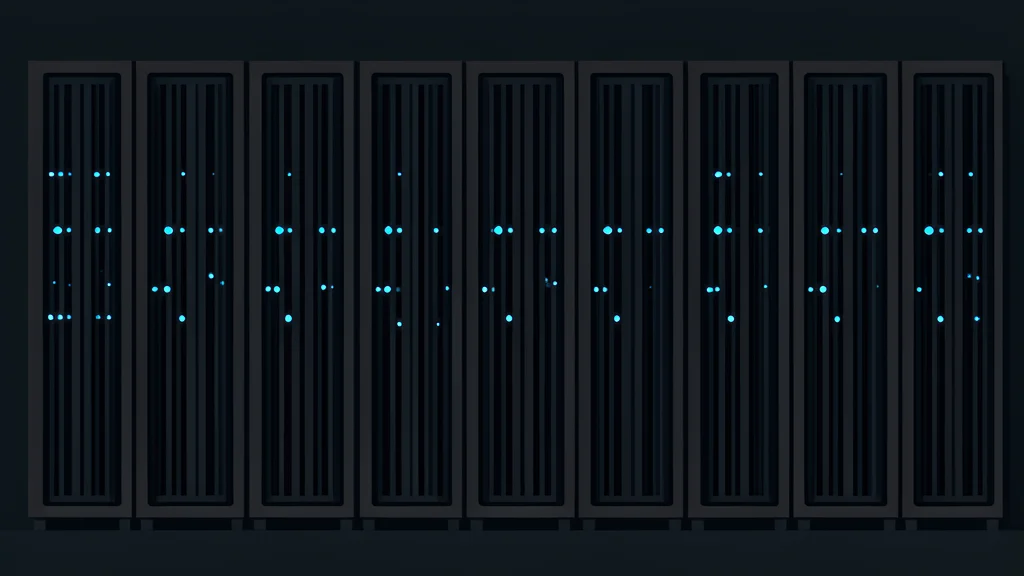A dense cluster of black server racks with glowing blue status lights in a dark room
