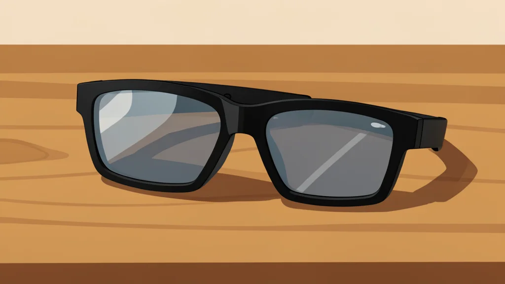 A pair of modern smart glasses resting on a wooden table