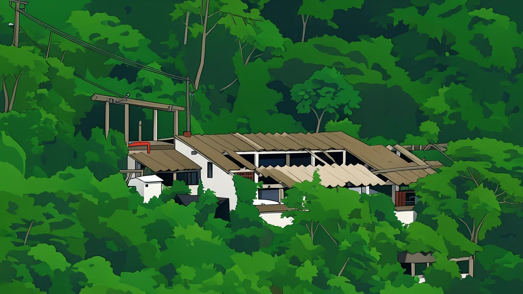A flat-vector illustration of an industrial building with power lines stretching across a rural landscape.