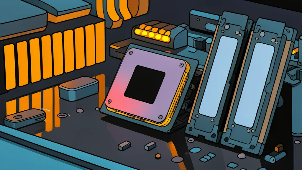 A close-up of a square silicon computer processor chip with gold contact pins on the underside, resting on a dark surface.
