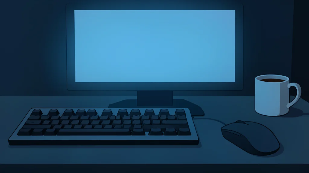 A cluttered developer desk with a mechanical keyboard, a mouse, and a coffee mug, illuminated by the glow of a monitor in a dimly lit room.