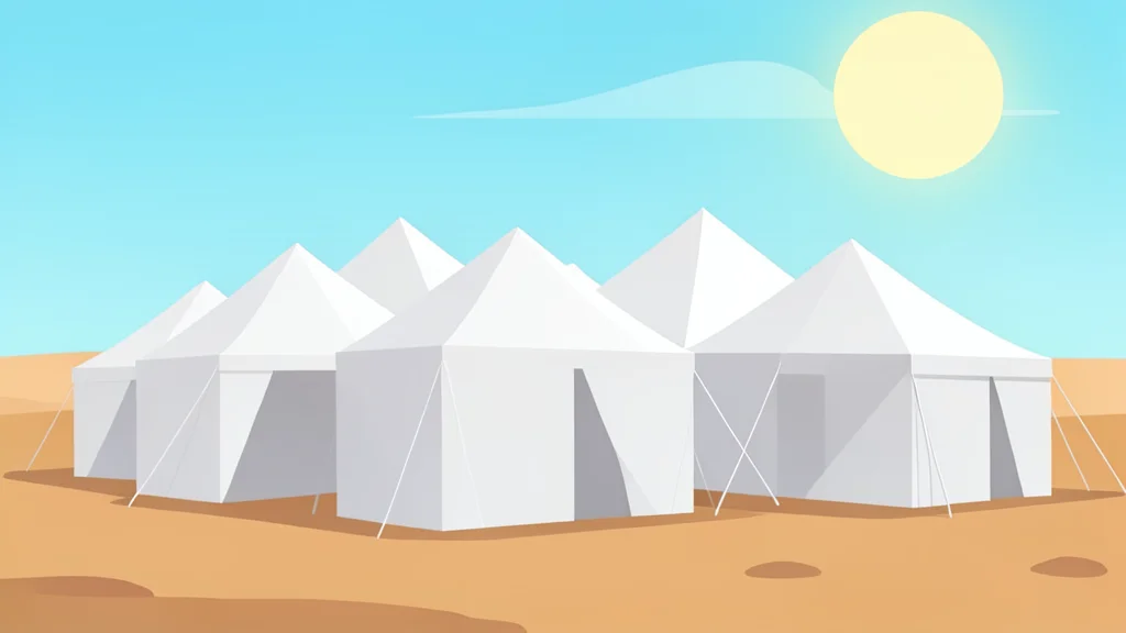 A cluster of white medical tents set up on dry, dusty ground under a bright sun
