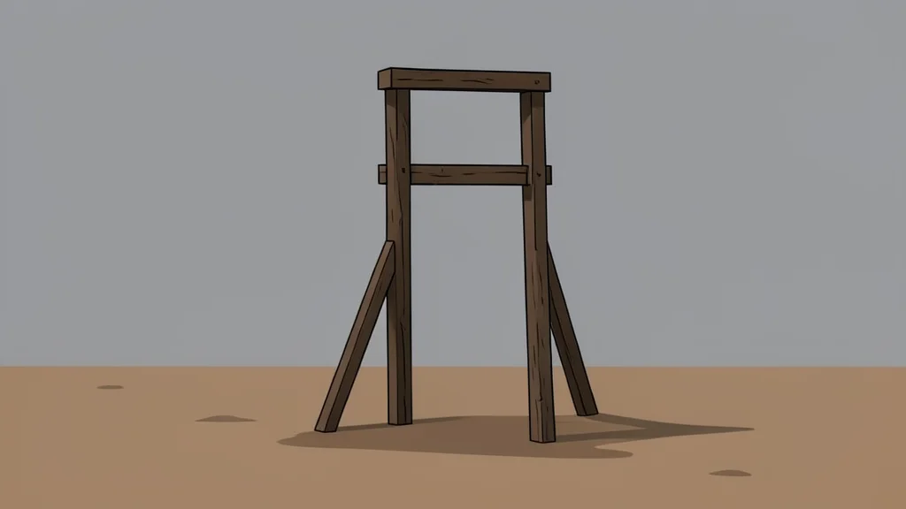 A solitary, weathered gallows structure standing in a barren, dusty field under a grey sky.