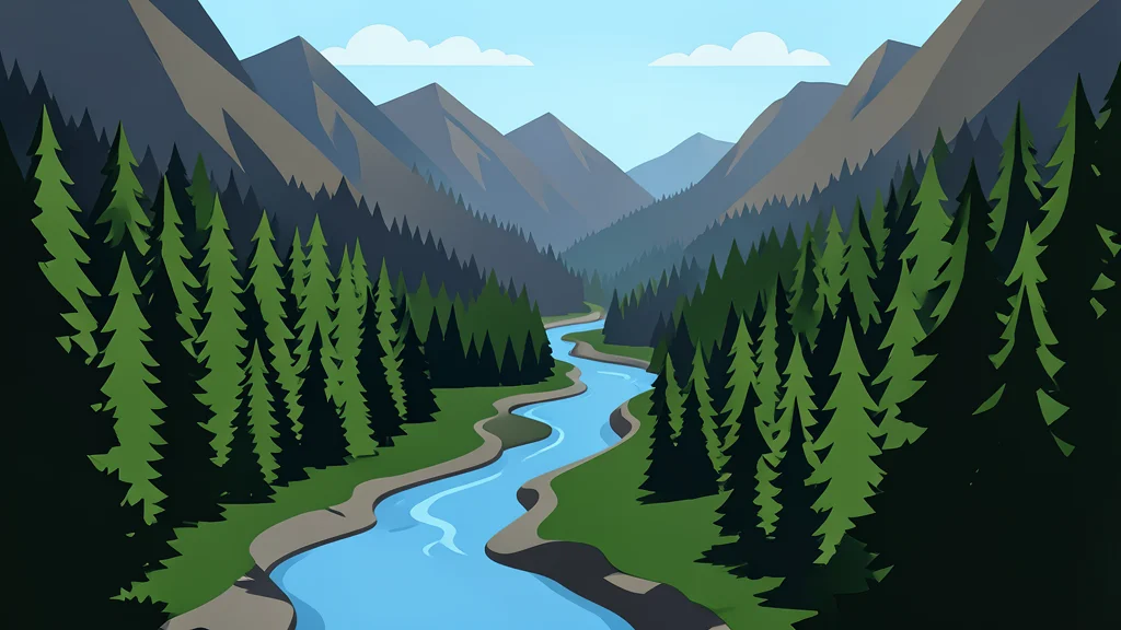 A rugged mountain valley with a winding river and dense pine forest