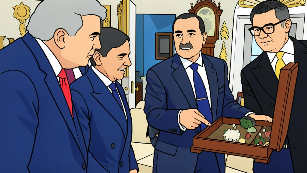 A diplomatic handshake across a table with two national flags in the background