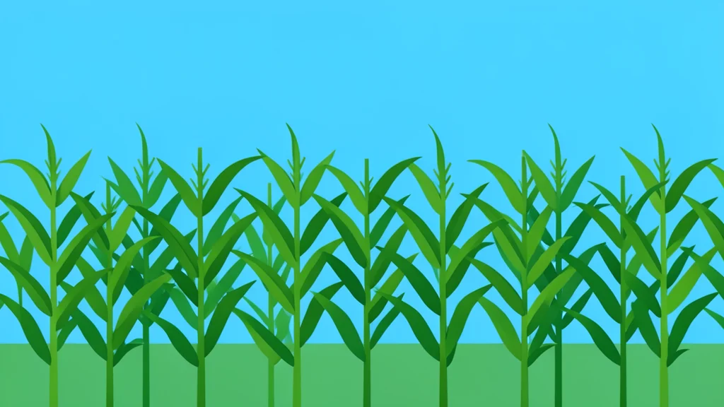 A field of tall, green corn stalks swaying in the wind under a bright sky