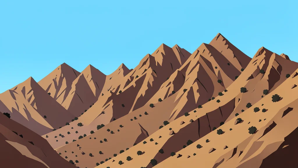 A rugged, arid mountain range with steep, rocky slopes and sparse vegetation under a clear sky