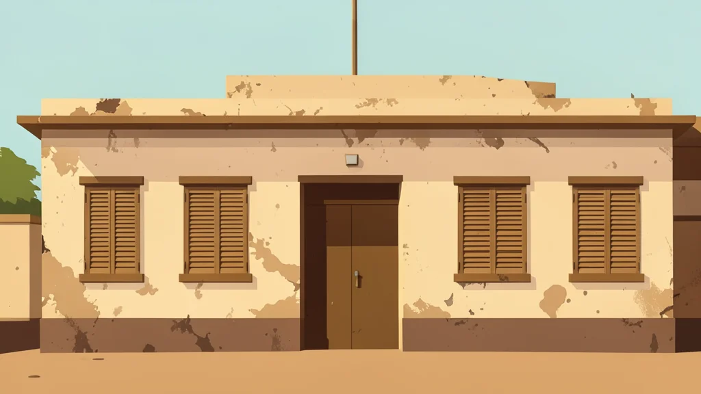 A dusty, sun-bleached government building facade in Khartoum with closed shutters