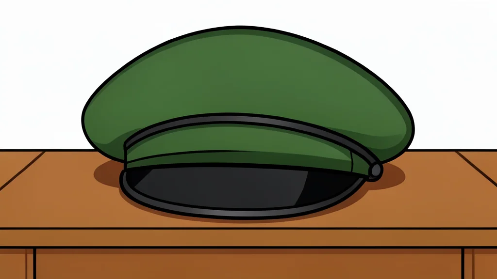 A military uniform cap resting on a wooden desk