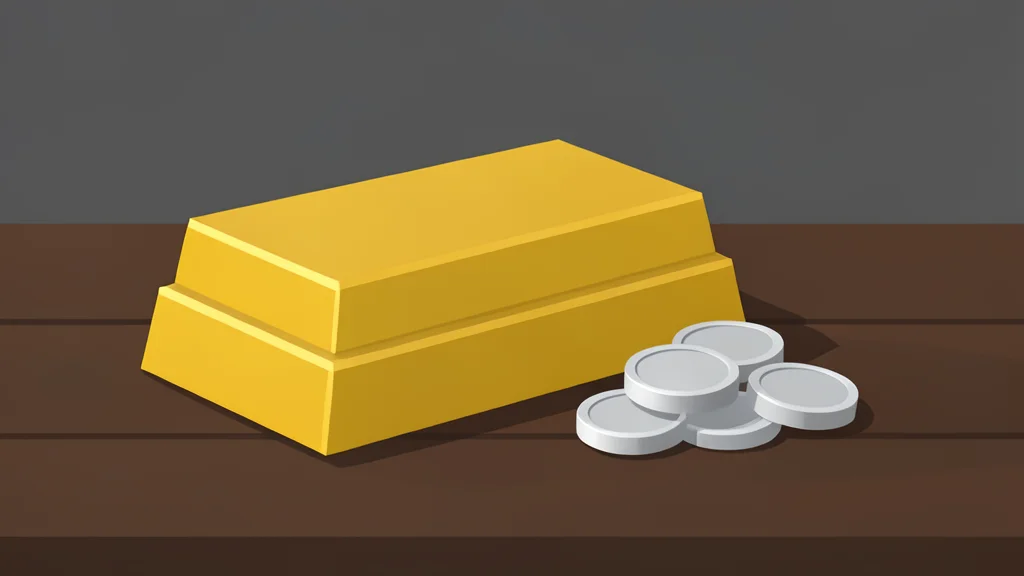 A stack of polished gold bars and a small pile of silver coins resting on a dark wooden surface