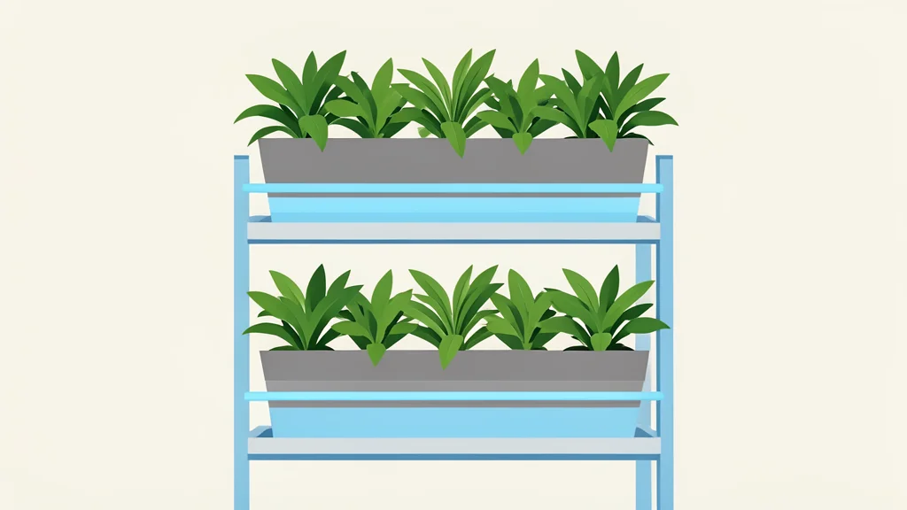 A flat-vector illustration of a multi-tiered indoor plant growing system with green leaves and water channels