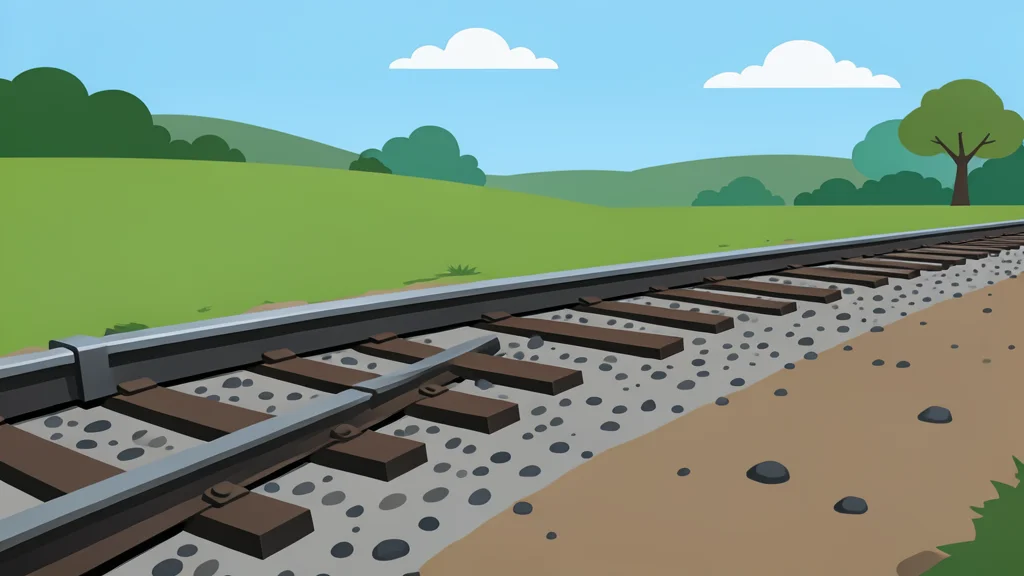A section of steel railway track lying on gravel ballast in a rural landscape