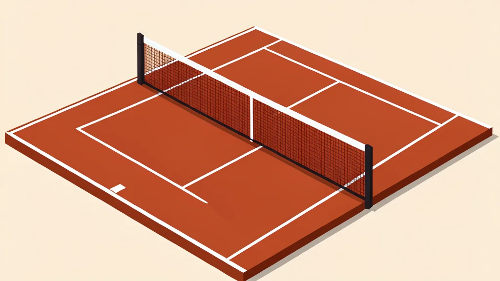 A red clay tennis court with white boundary lines and a net stretched across the center