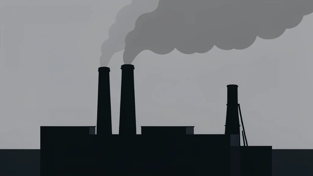 A steel mill with smoke rising from industrial chimneys against a grey sky