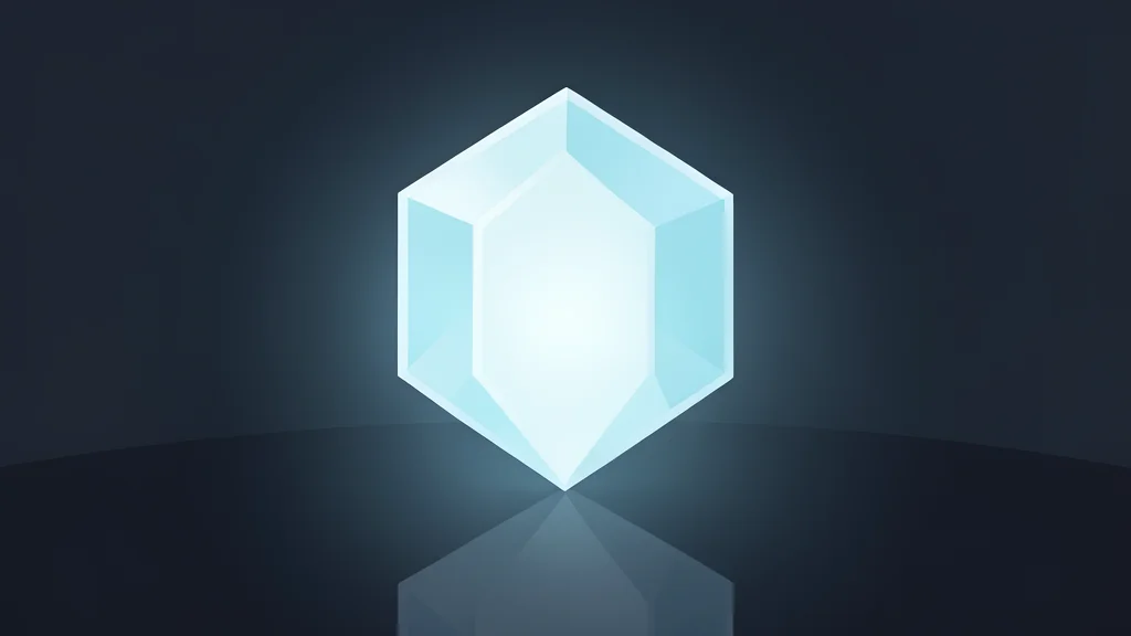 A glowing, translucent hexagonal crystal floating above a dark, reflective surface