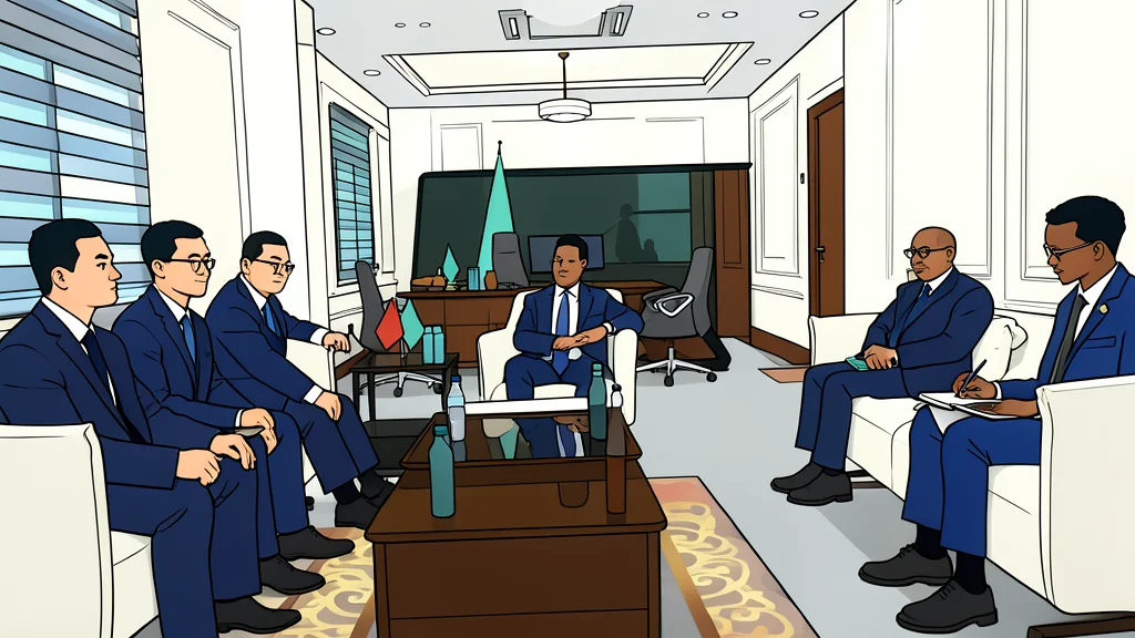 A minimalist vector illustration of a diplomatic meeting room with two chairs facing each other across a table.
