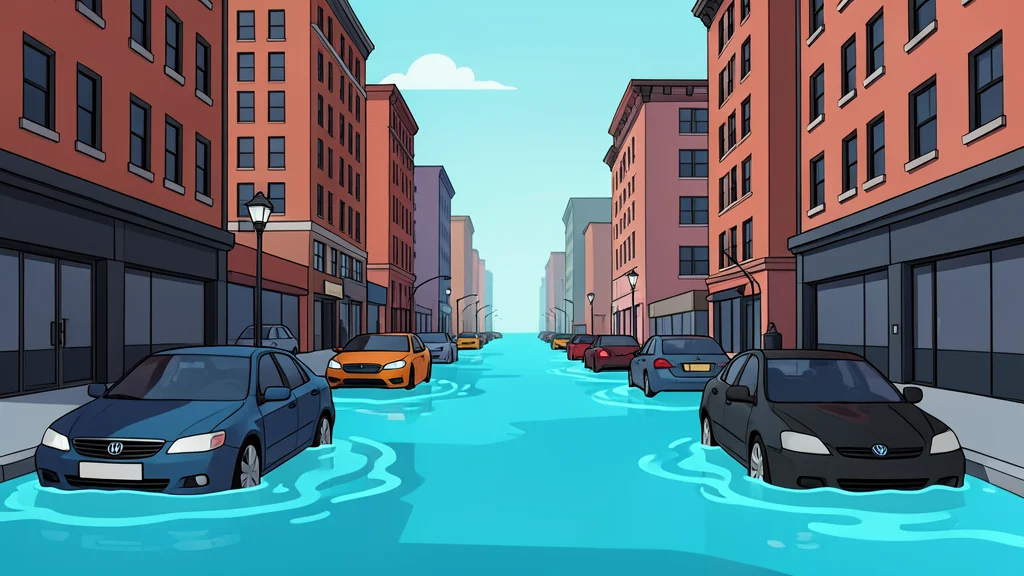 A flooded city street with submerged cars and rising water levels
