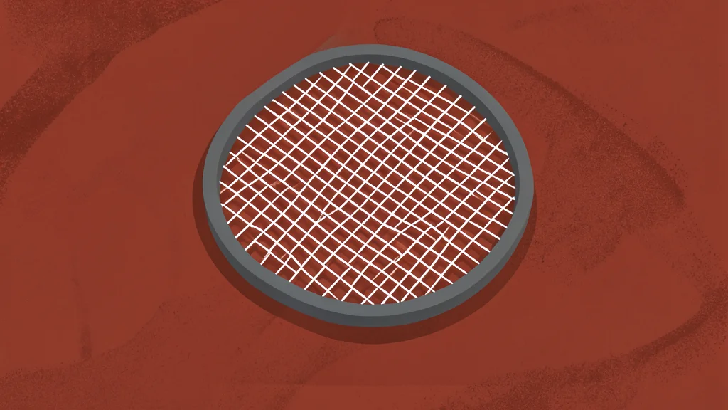 A tennis ball resting on the red clay surface of a court