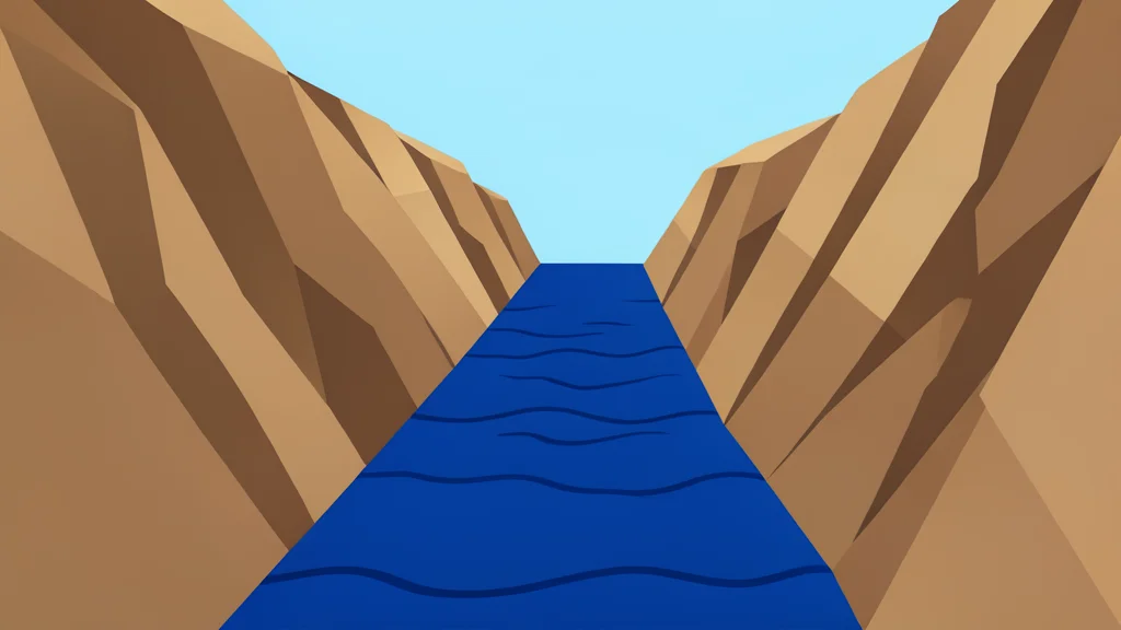 A narrow, deep blue waterway flanked by steep, arid rocky cliffs under a clear sky