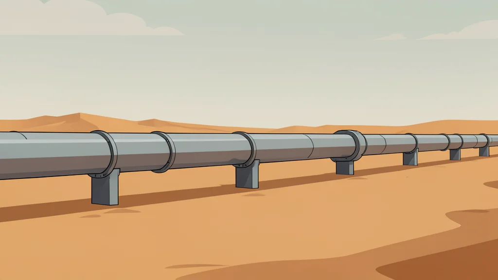 A long, metallic pipeline stretching across a dry, sandy desert landscape under a hazy sky.