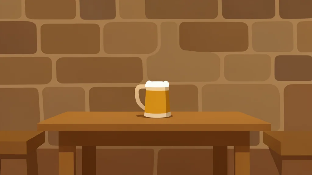 A medieval stone tavern interior with a wooden table and a tankard of ale