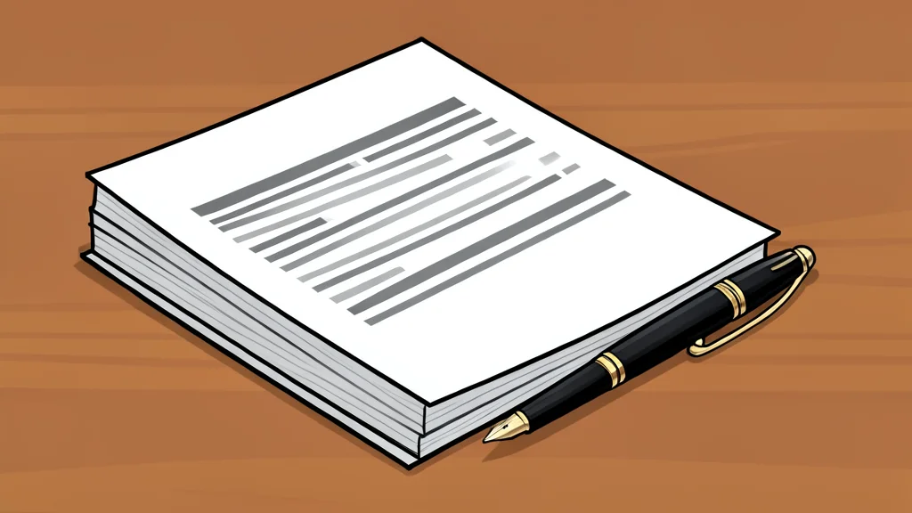 A stack of bound legal documents and a fountain pen resting on a wooden desk