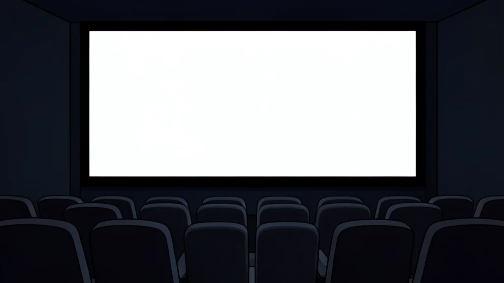 A darkened cinema auditorium with rows of empty seats facing a large, blank white projection screen.