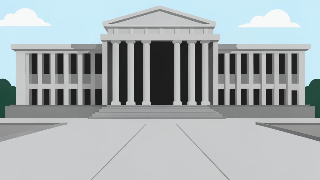 A large, modern government building facade with tall columns and a paved courtyard