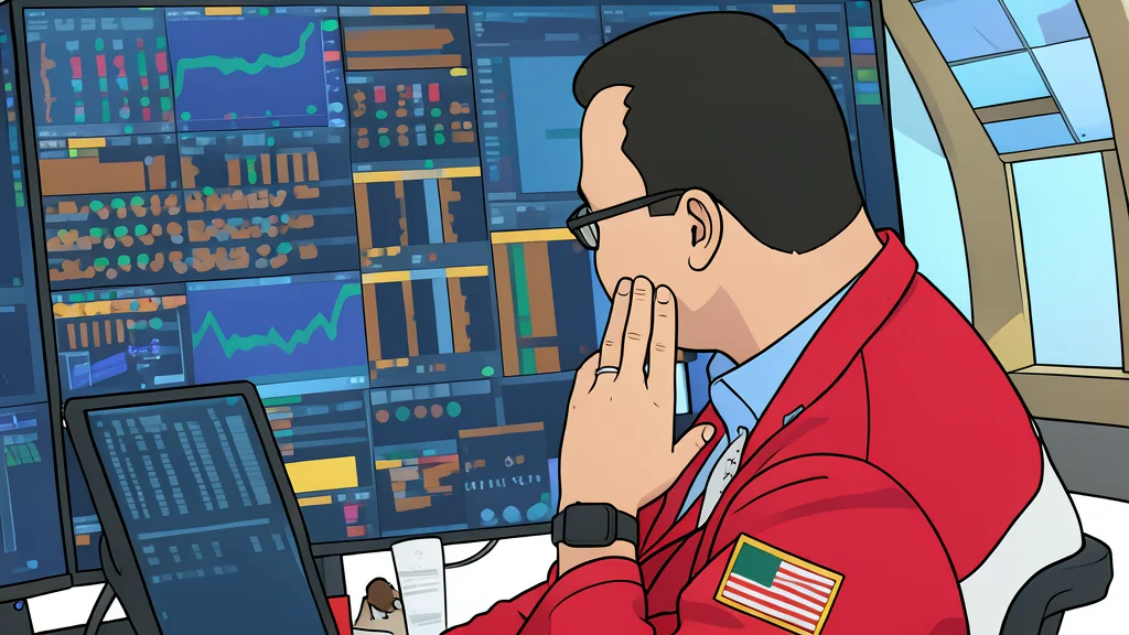 A wide view of a modern trading floor with rows of desks and empty monitors in a flat vector style.
