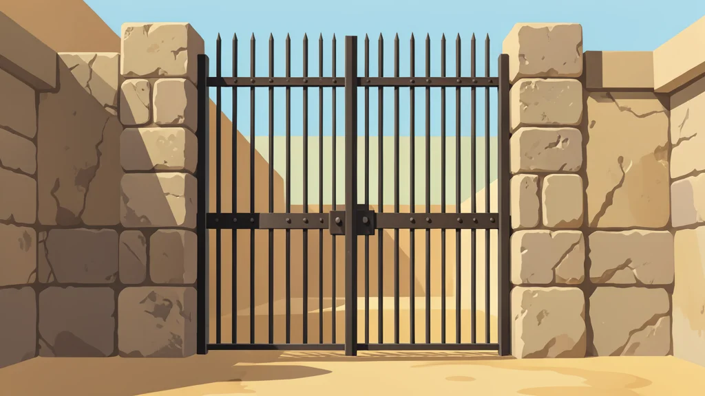 A weathered stone prison gate with heavy iron bars set against a dusty, sunlit courtyard.
