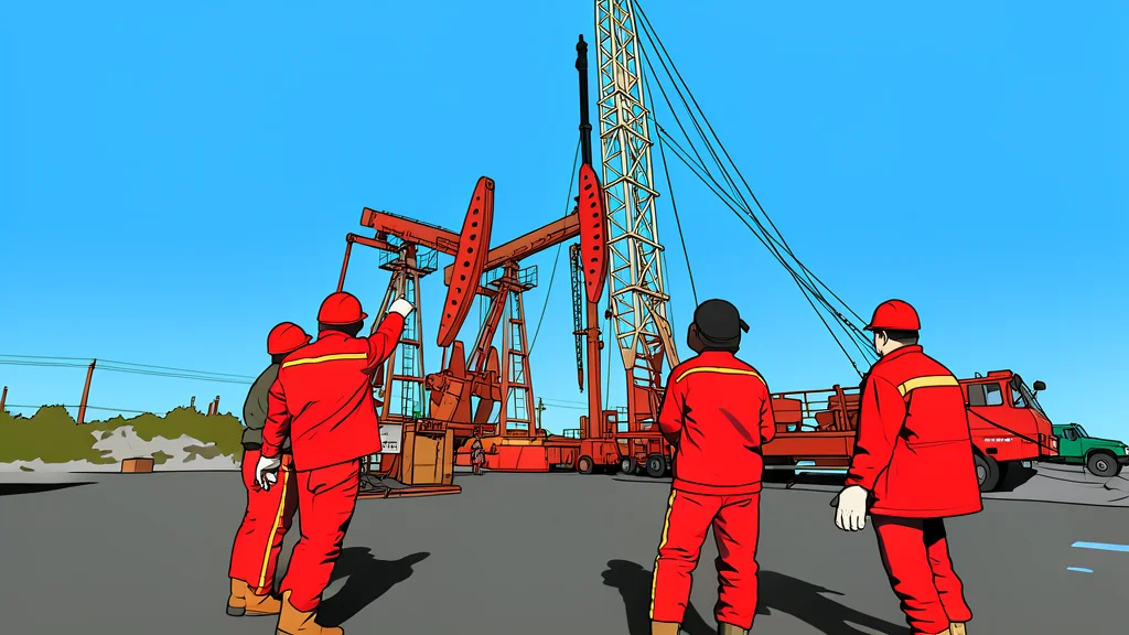 A yellow drilling rig standing on a flat, dusty plain under a clear sky