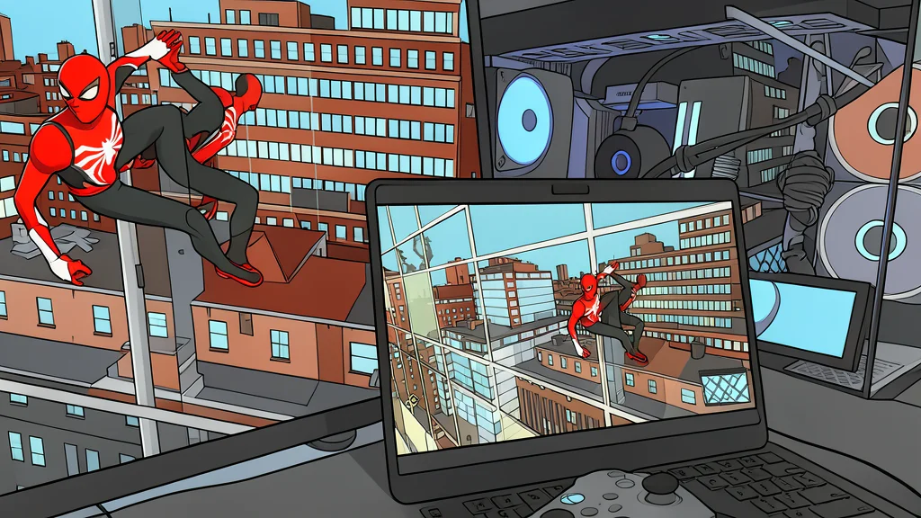 A sleek laptop screen displaying a high-resolution video stream of a video game scene, connected by a glowing fiber optic cable to a desktop computer tower in the background.