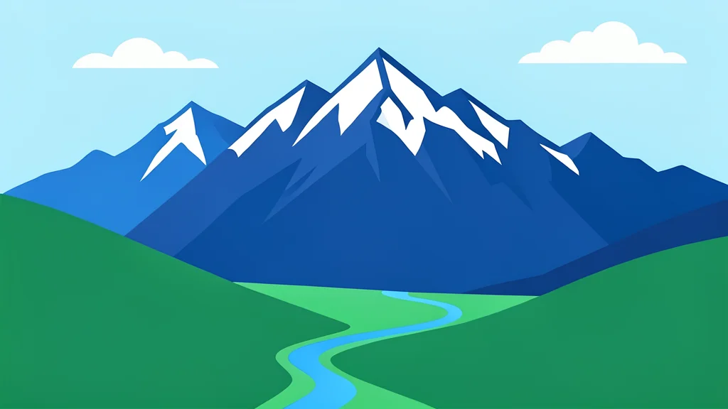 A rugged mountain ridge with snow-capped peaks and a winding river valley below