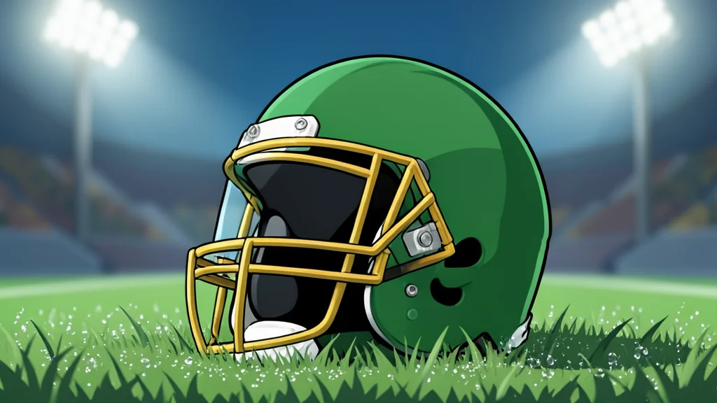 A green and gold football helmet resting on a grass field
