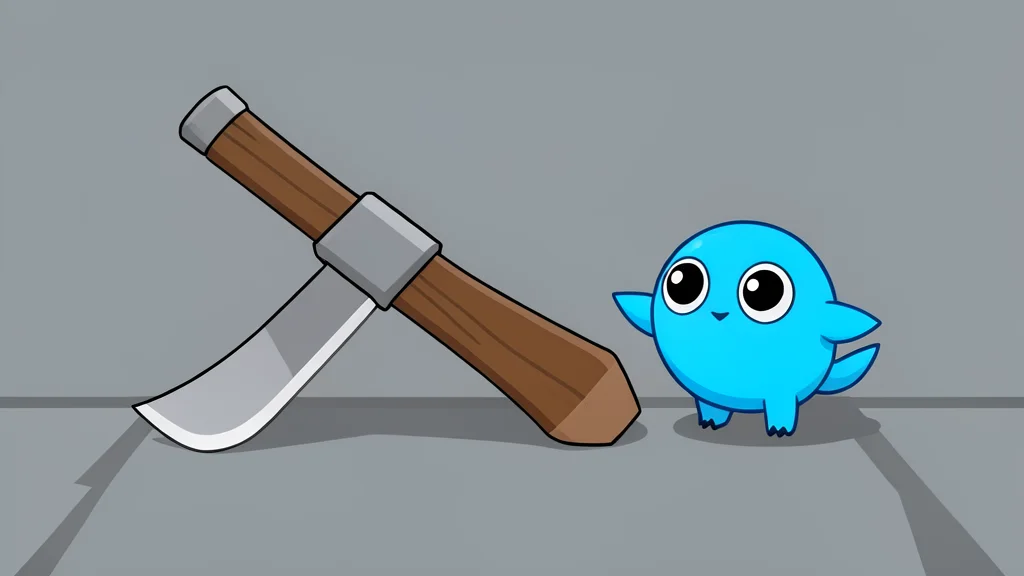 A fantasy axe lying on a stone floor beside a small mythical creature.