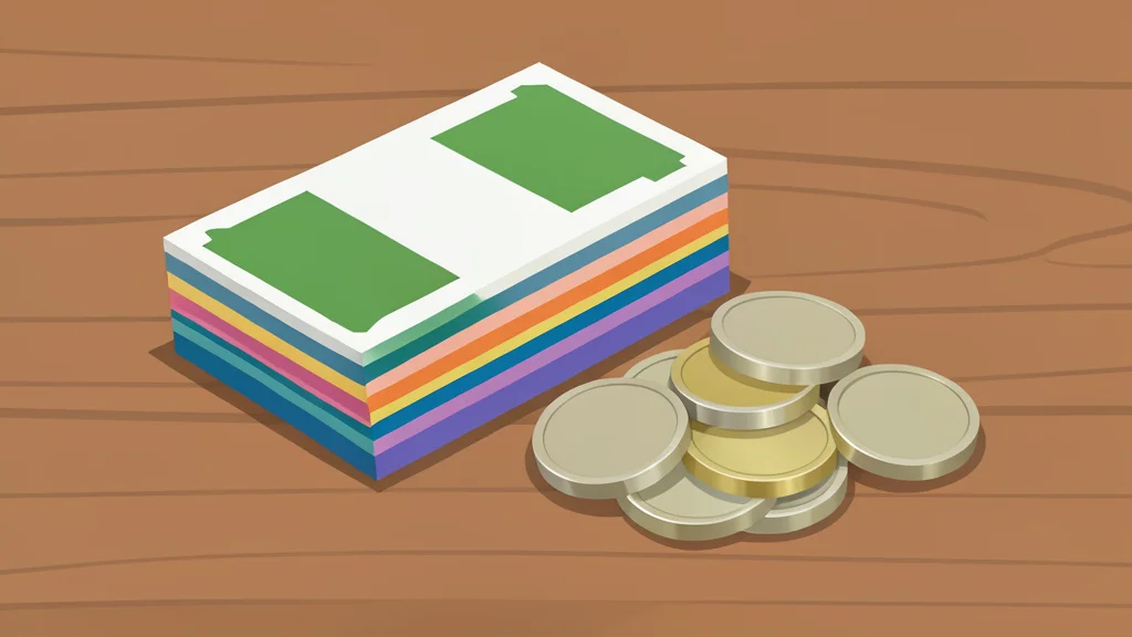 A stack of various foreign banknotes and coins arranged on a wooden table