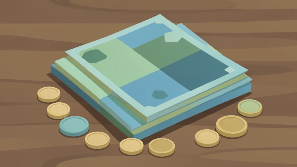 A stack of various foreign banknotes and coins arranged on a wooden table