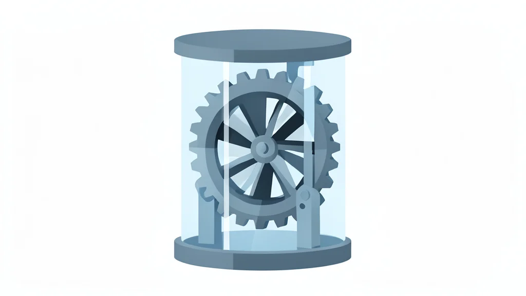A close-up view of a complex mechanical centrifuge rotor spinning rapidly inside a transparent cylindrical housing.