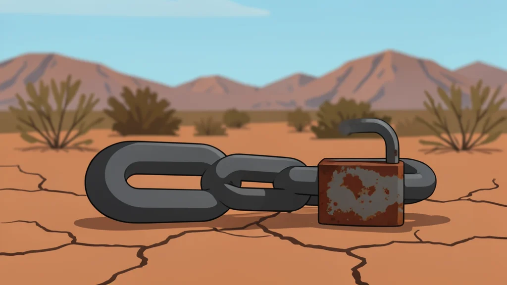 A rusted steel bridge spanning a wide, dry riverbed connecting two arid landscapes