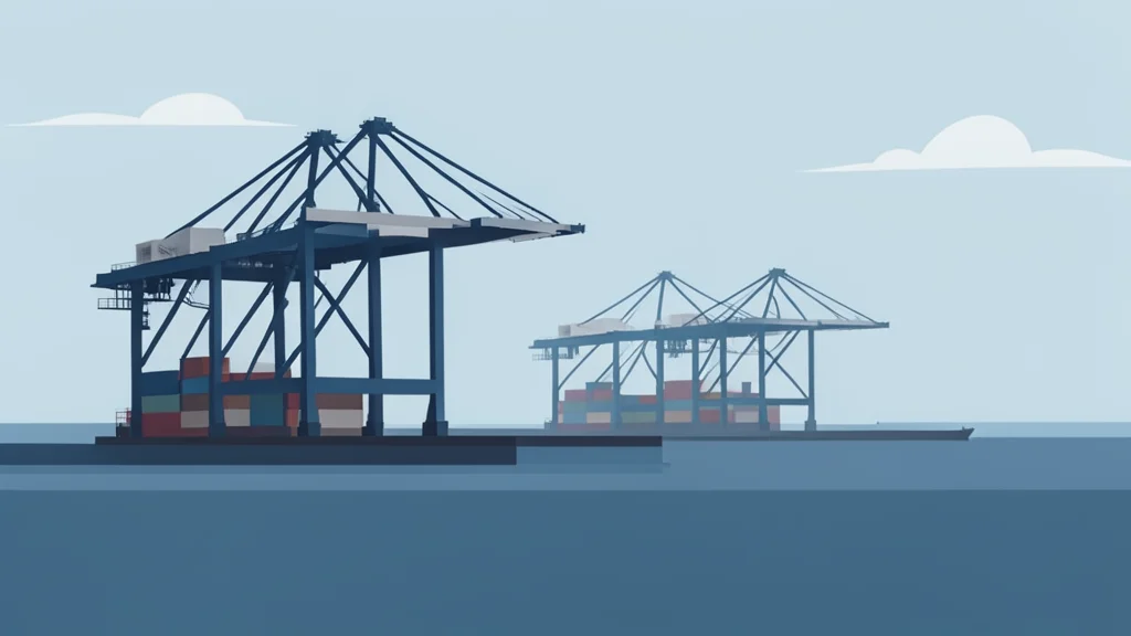 A deep-water port with large container cranes and a calm sea horizon