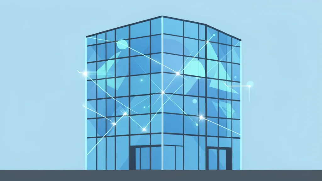 A modern glass office building with a digital interface overlay