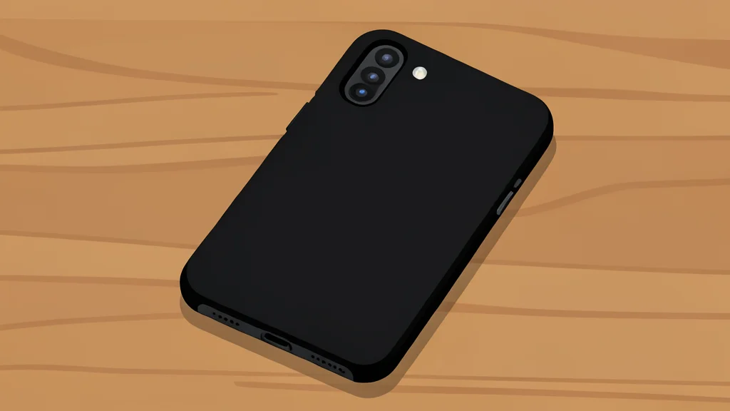 A matte black smartphone case with a rough texture and metallic buttons resting on a wooden surface